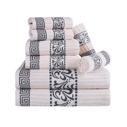 Superior Athens Cotton Greek Key Trim 8 Piece Towel Set - Ivory-Gray