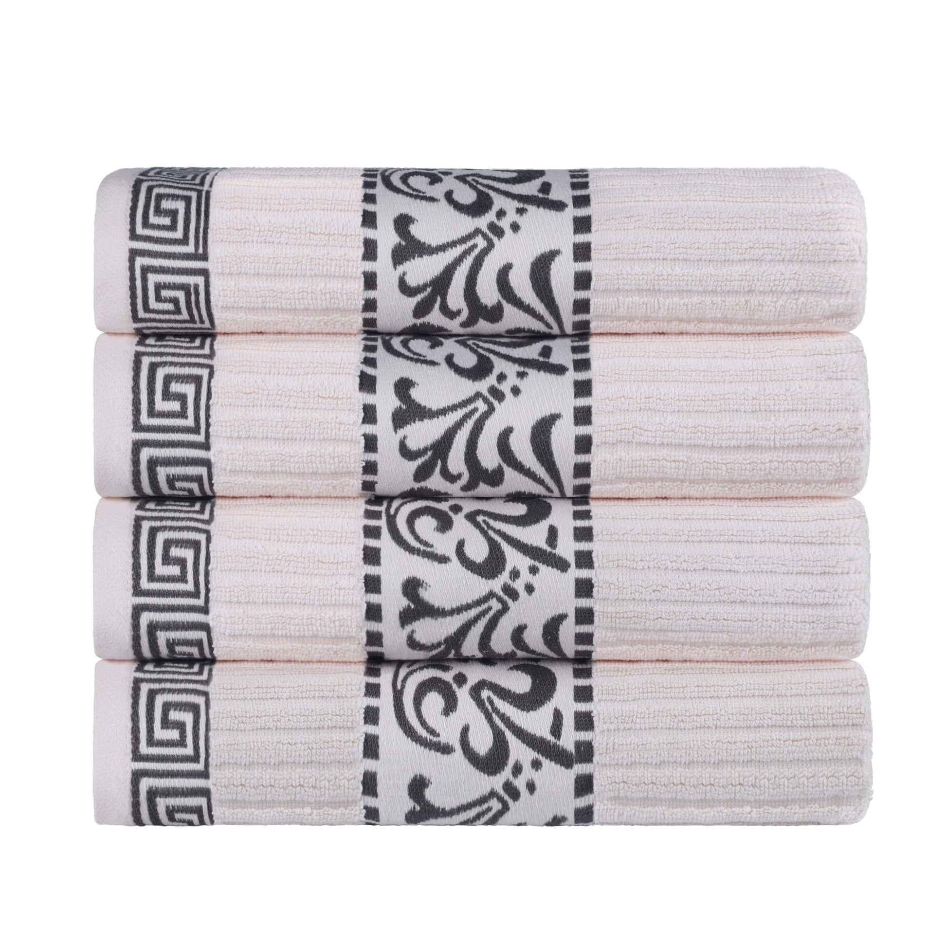 Athens Cotton Greek Key Trim Bath Towel Set of 4 - Ivory-Gray
