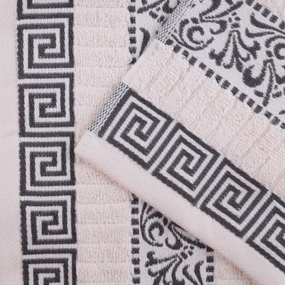 Athens Cotton Medium Weight Floral Greek Key Trim 3 Piece Towel Set - Ivory-Gray