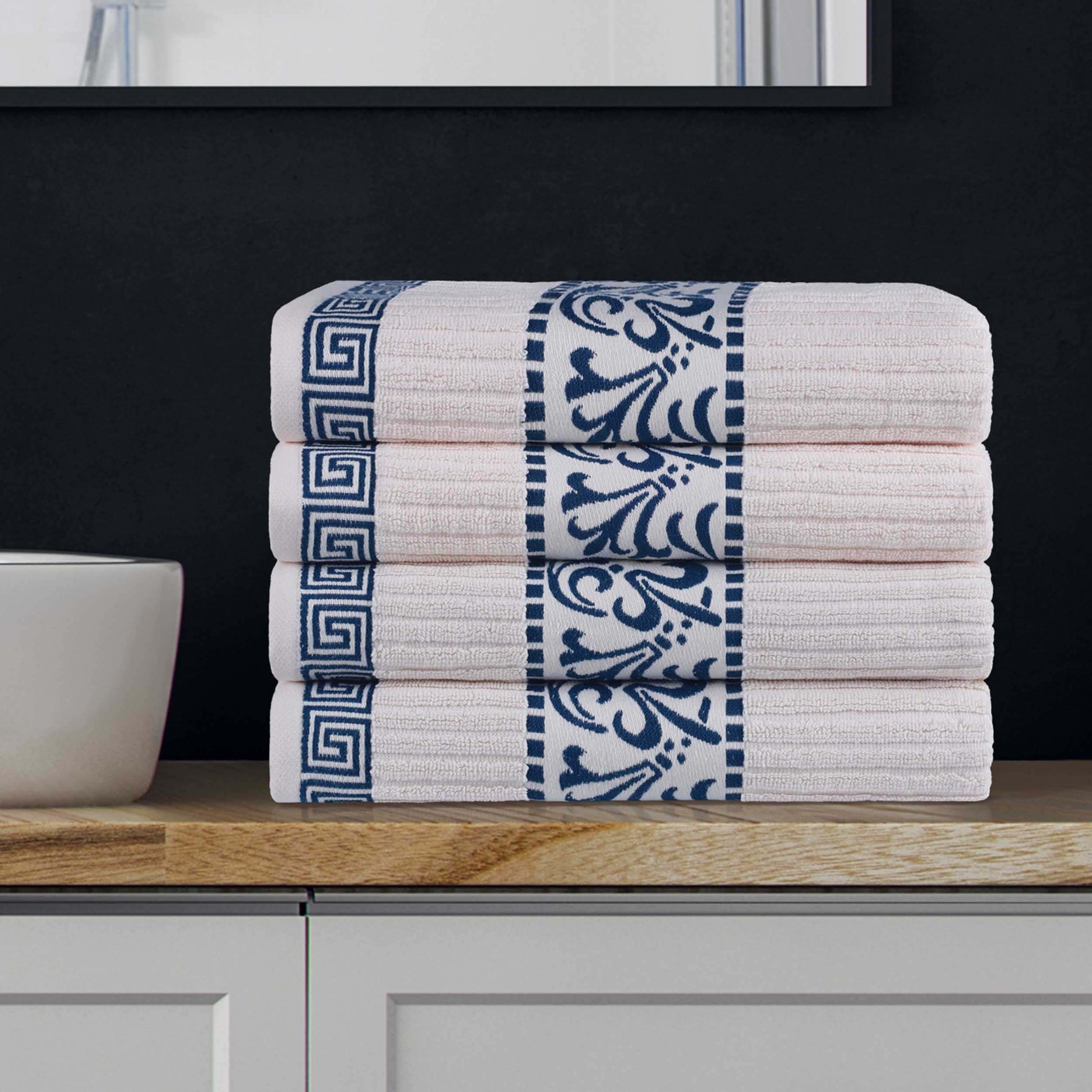 Athens Cotton Greek Key Trim Bath Towel Set of 4 - Ivory-NavyBlue