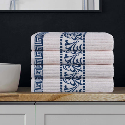 Athens Cotton Greek Key Trim Bath Towel Set of 4 - Ivory-NavyBlue