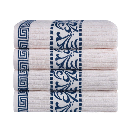 Athens Cotton Greek Key Trim Bath Towel Set of 4 - Ivory-NavyBlue