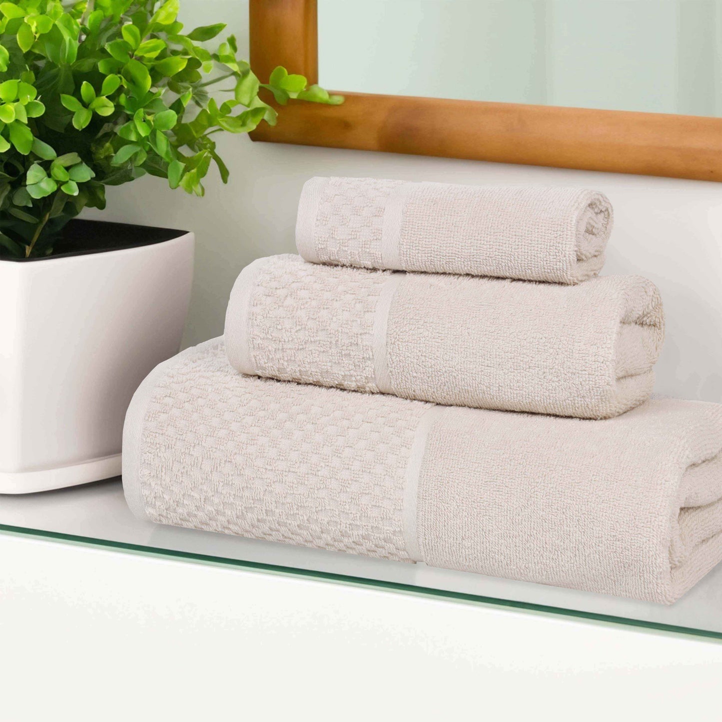 Lodie Cotton Plush Absorbent Jacquard Solid 3 Piece Assorted Towel Set - Ivory