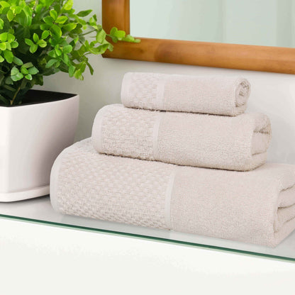 Lodie Cotton Plush Absorbent Jacquard Solid 3 Piece Assorted Towel Set - Ivory