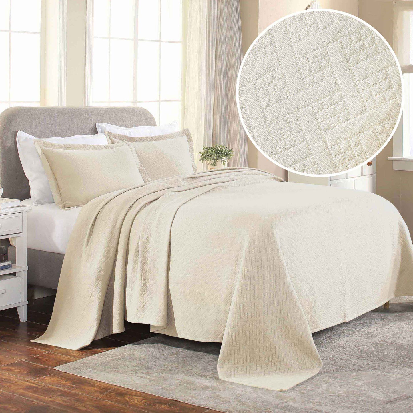 Basket Weave Matelasse Cotton Bedspread Set - Ivory