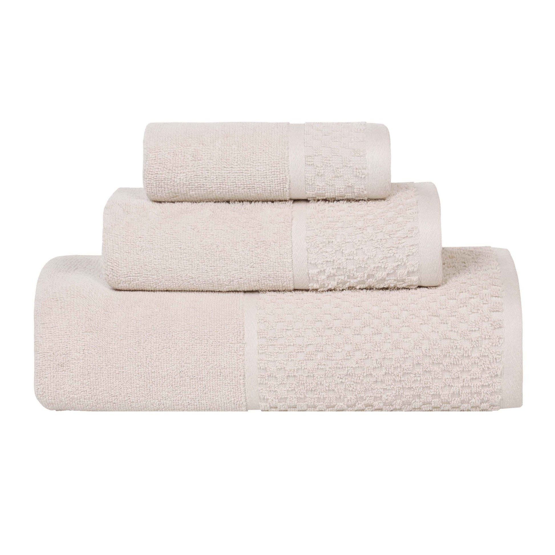 Lodie Cotton Plush Absorbent Jacquard Solid 3 Piece Assorted Towel Set - Ivory