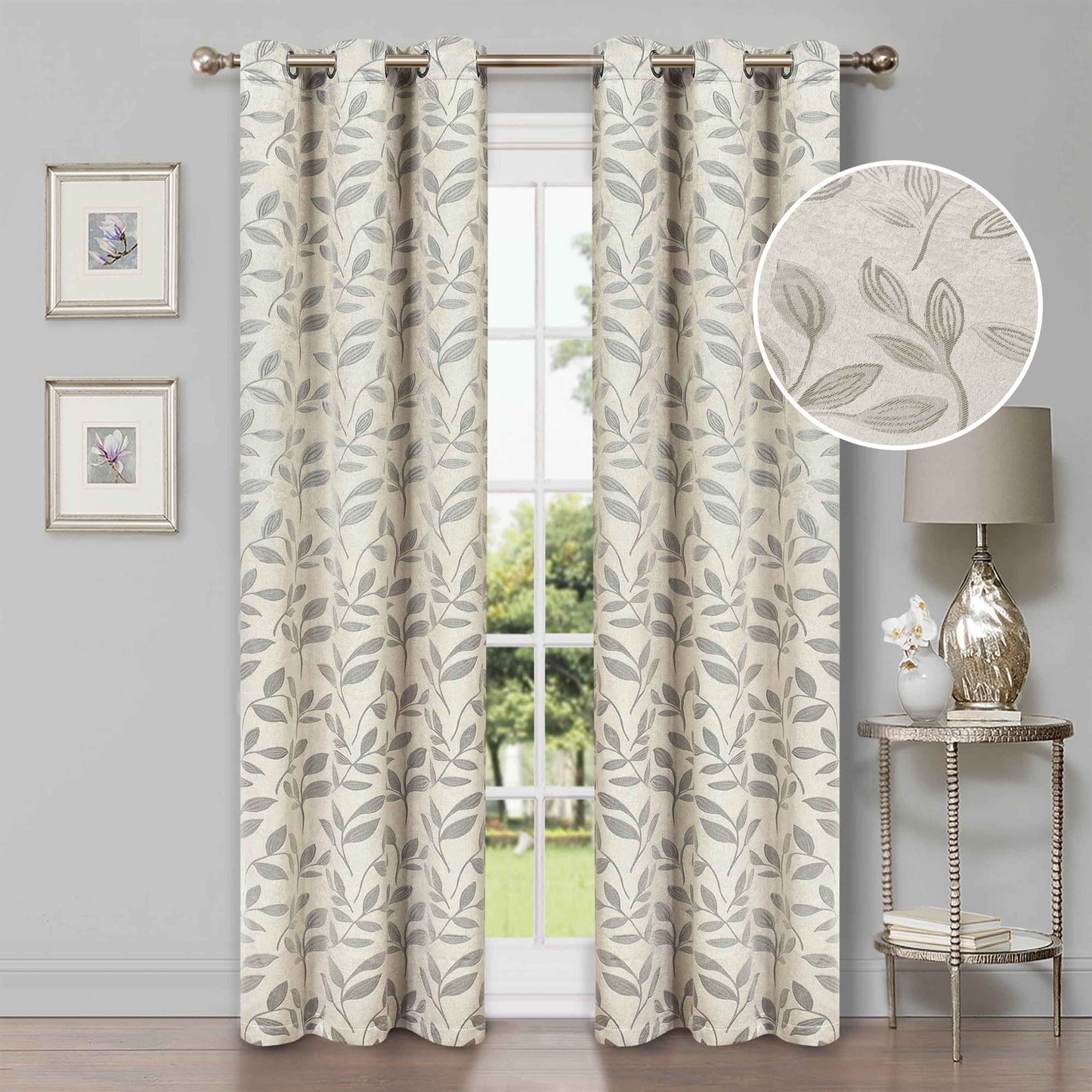 Leaves Machine Washable Room Darkening Blackout Curtains, Set of 2 - Ivory