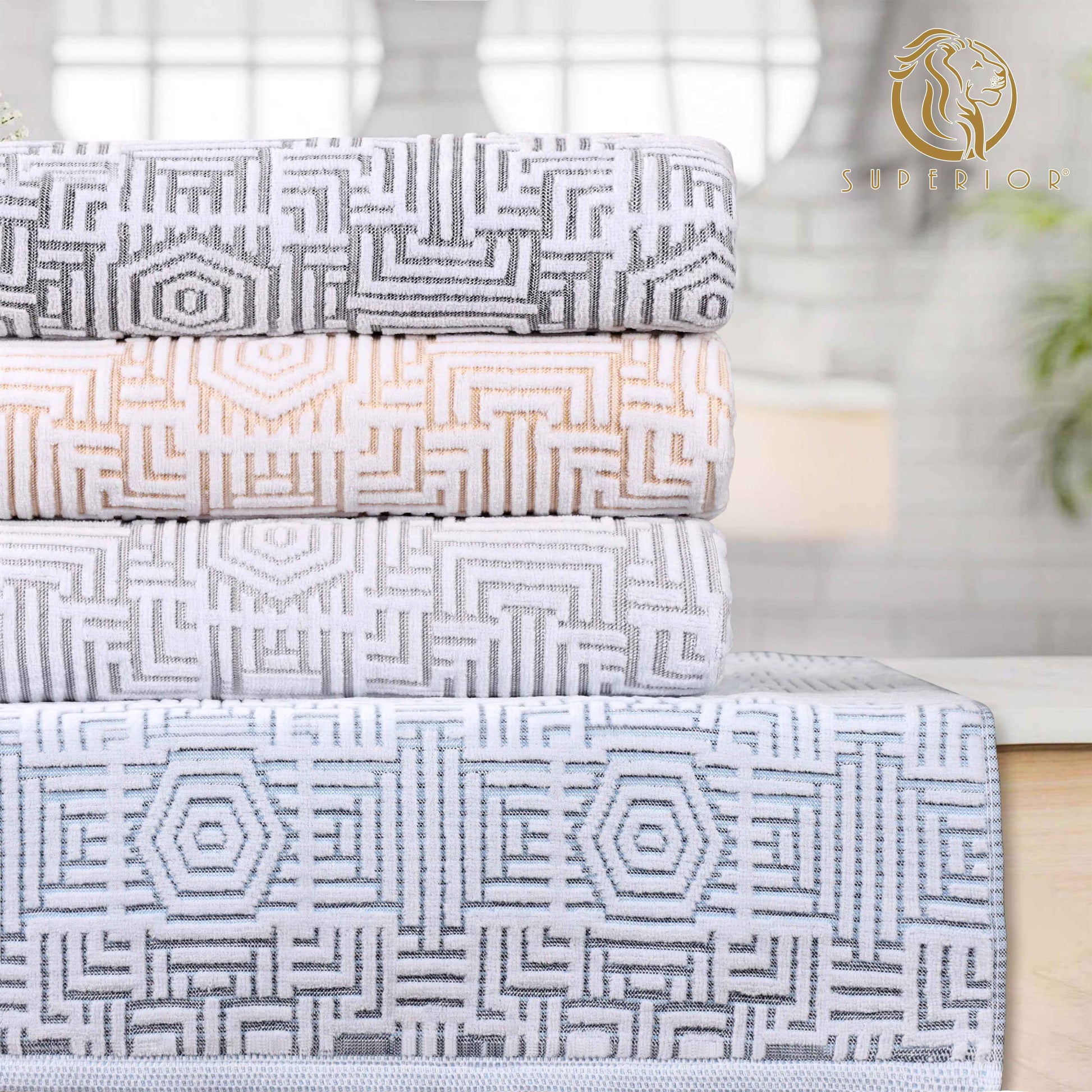 Cotton Modern Geometric Jacquard Plush Absorbent 6 Piece Towel Set 