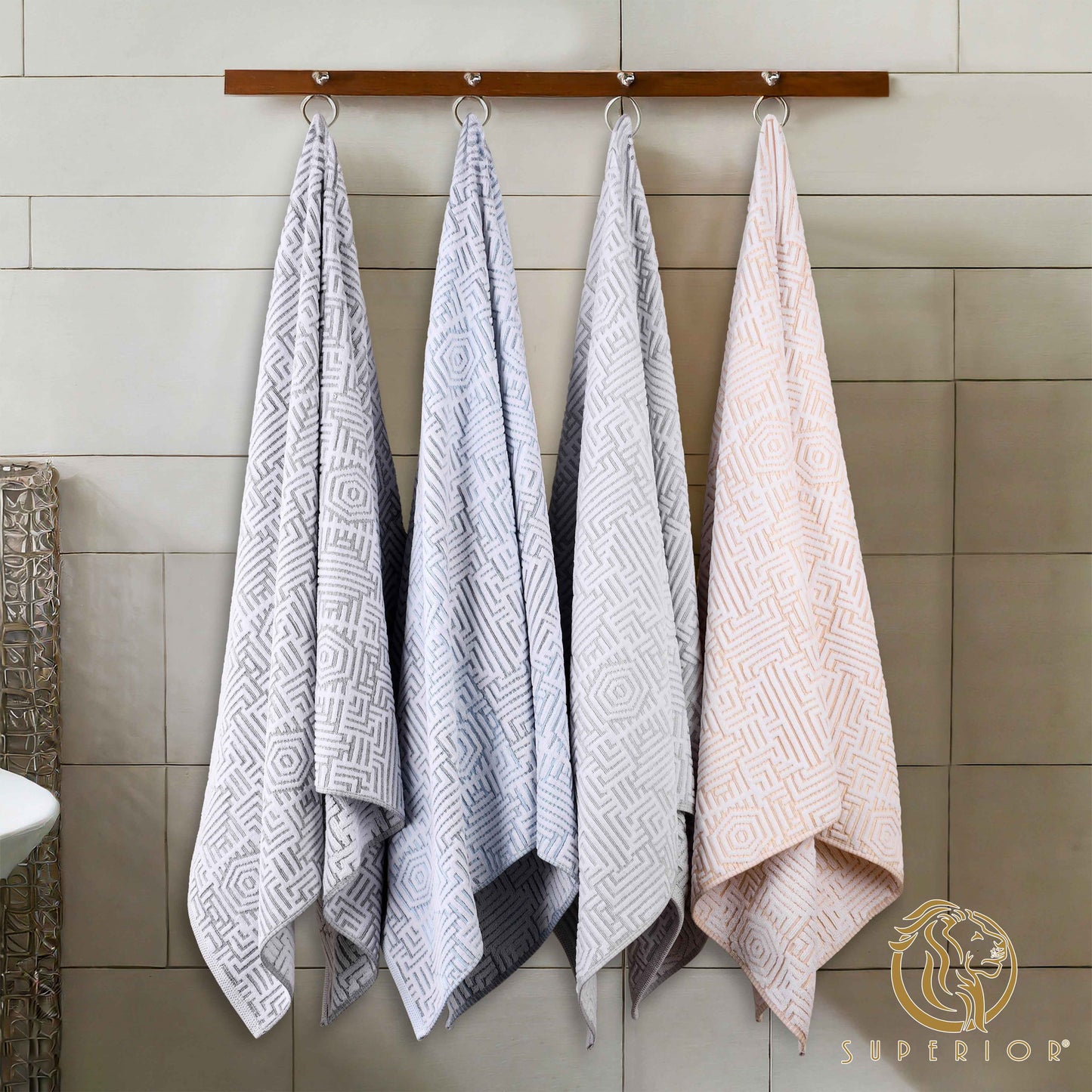 Cotton Modern Geometric Jacquard Plush Absorbent Bath Towel Set of 3 