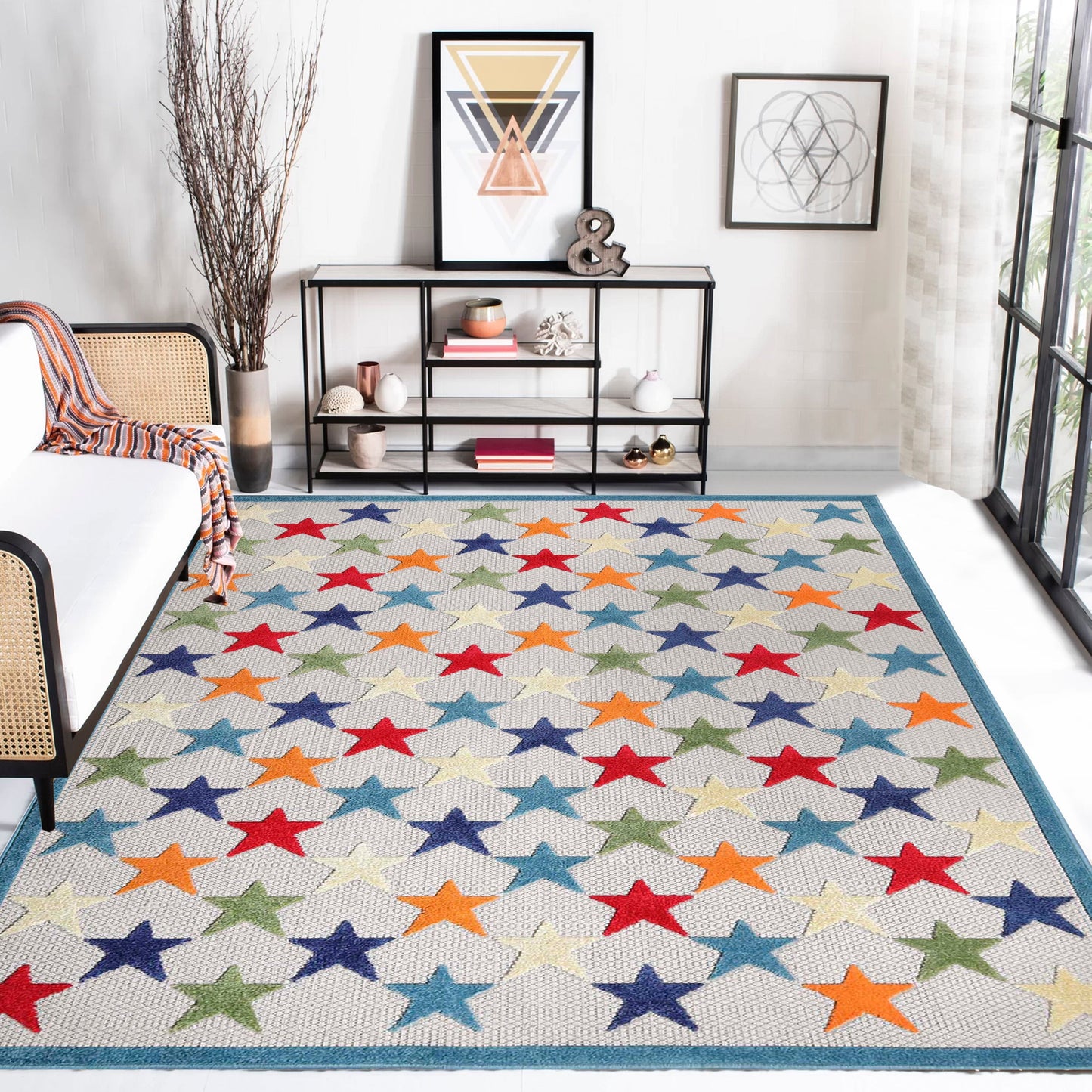 Superior Juniper Modern Stars Novelty Indoor/Outdoor Area Rug - Cream