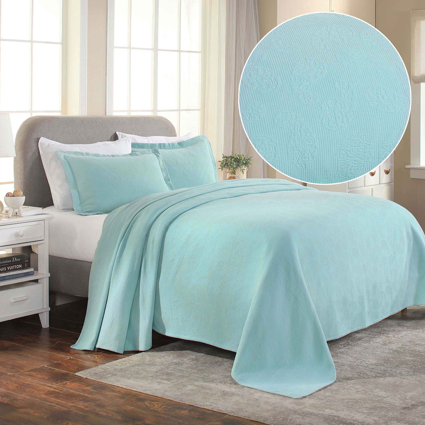 Jacquard Matelassé Paisley Cotton Bedspread Set - Aqua