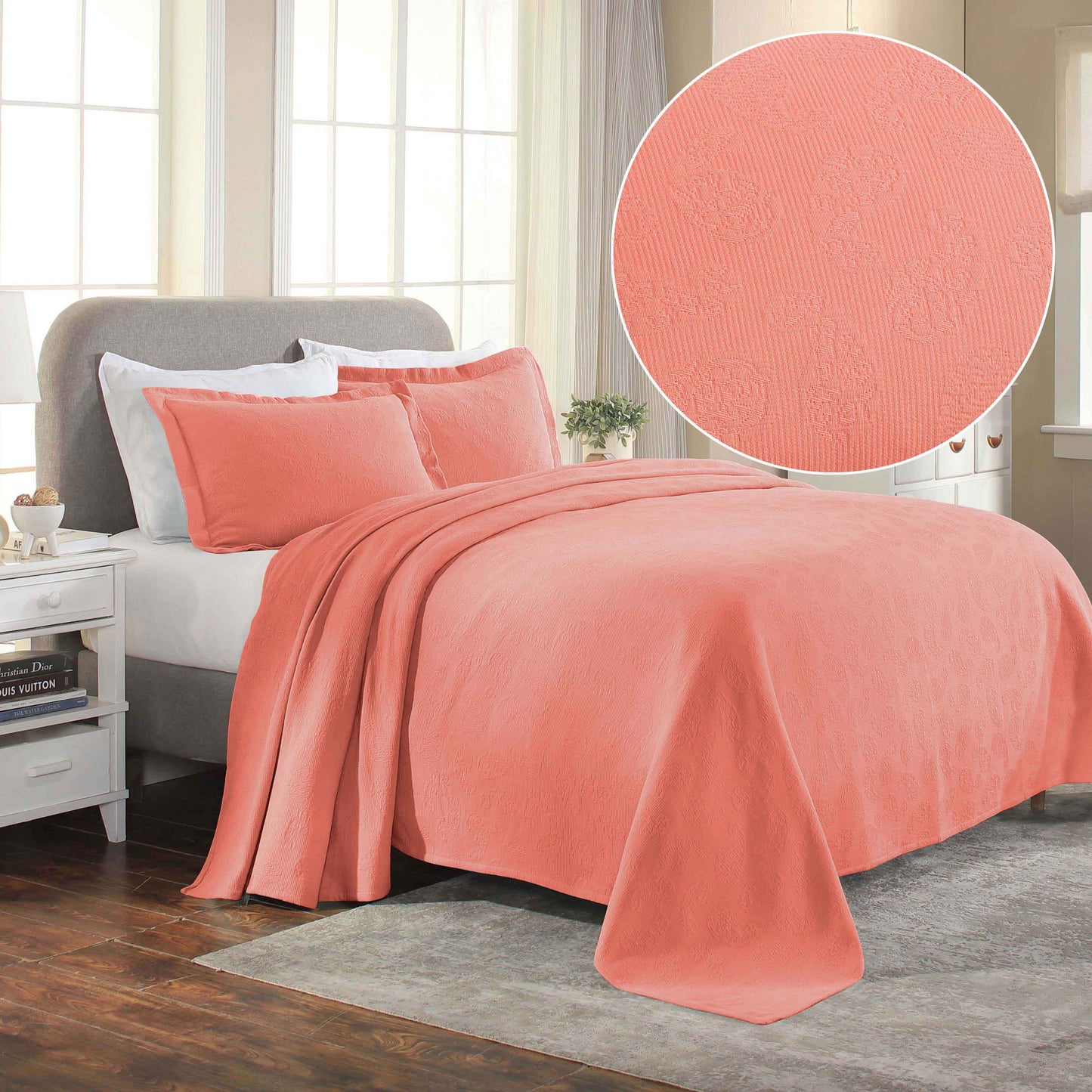 Jacquard Matelassé Paisley Cotton Bedspread Set - Coral