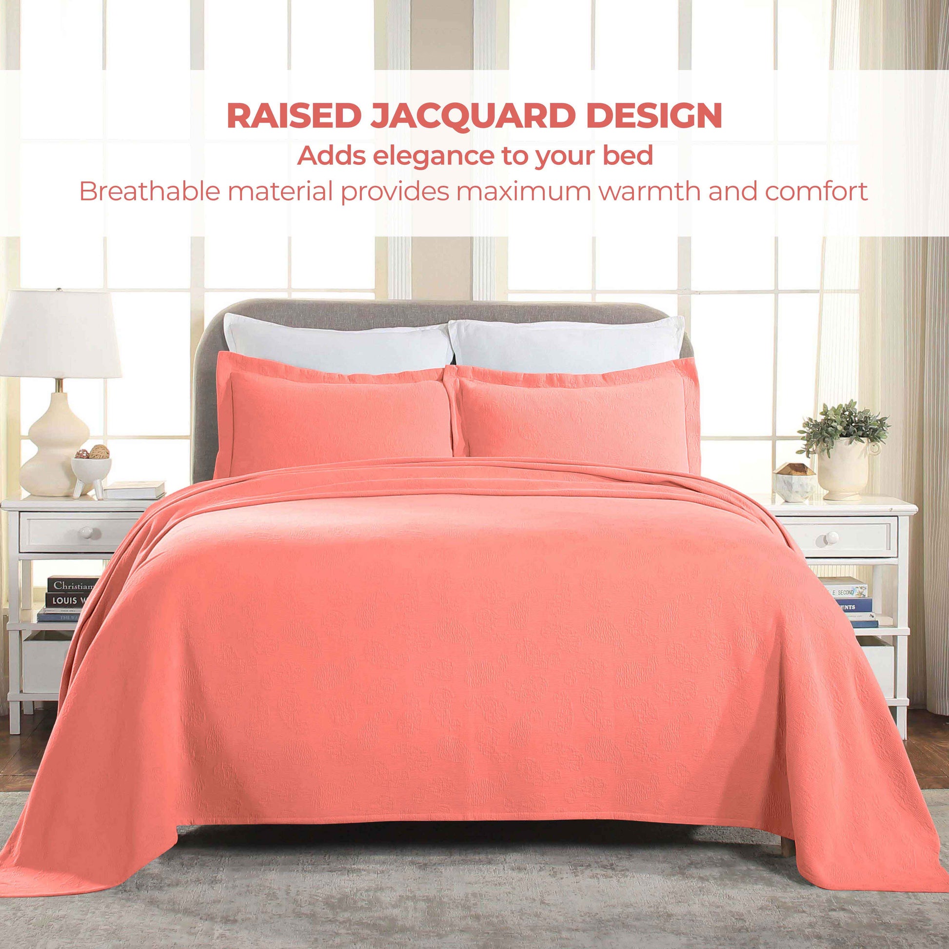 Jacquard Matelassé Paisley Cotton Bedspread Set - Coral