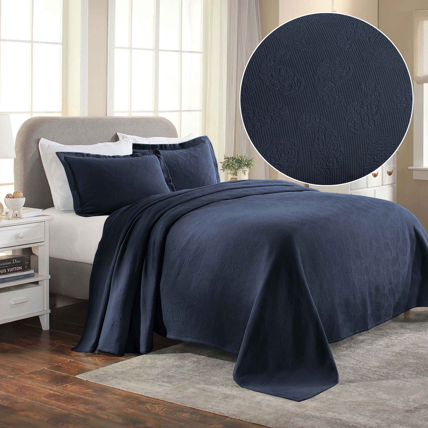 Jacquard Matelassé Paisley Cotton Bedspread Set - Navy Blue