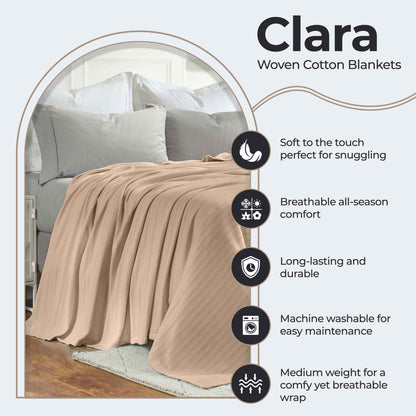 Clara Cotton Textured Jacquard Striped Lightweight Woven Blanket - Khaki