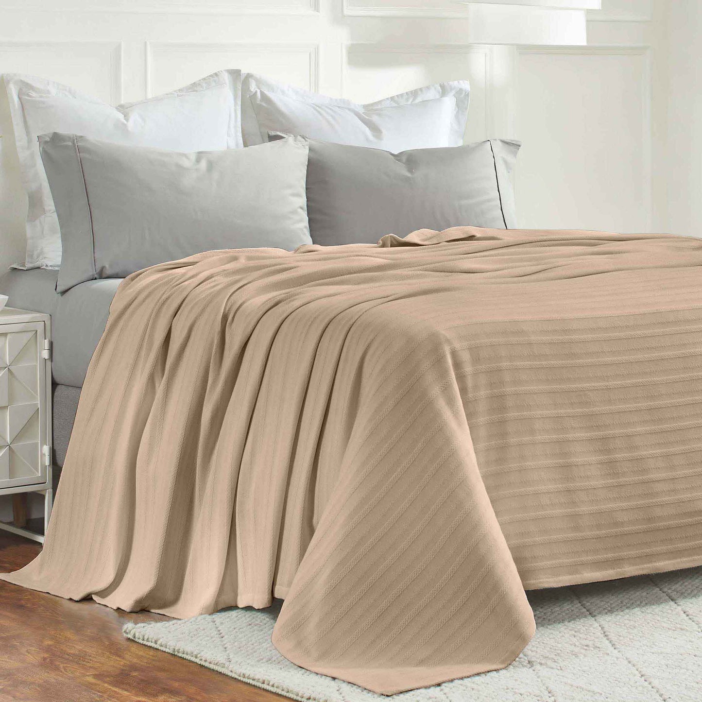 Clara Cotton Textured Jacquard Striped Lightweight Woven Blanket - Khaki