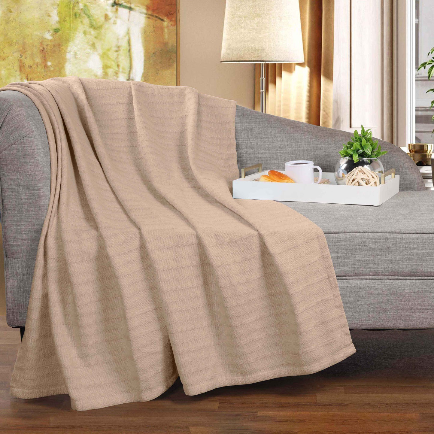 Clara Cotton Textured Jacquard Striped Lightweight Woven Blanket - Khaki