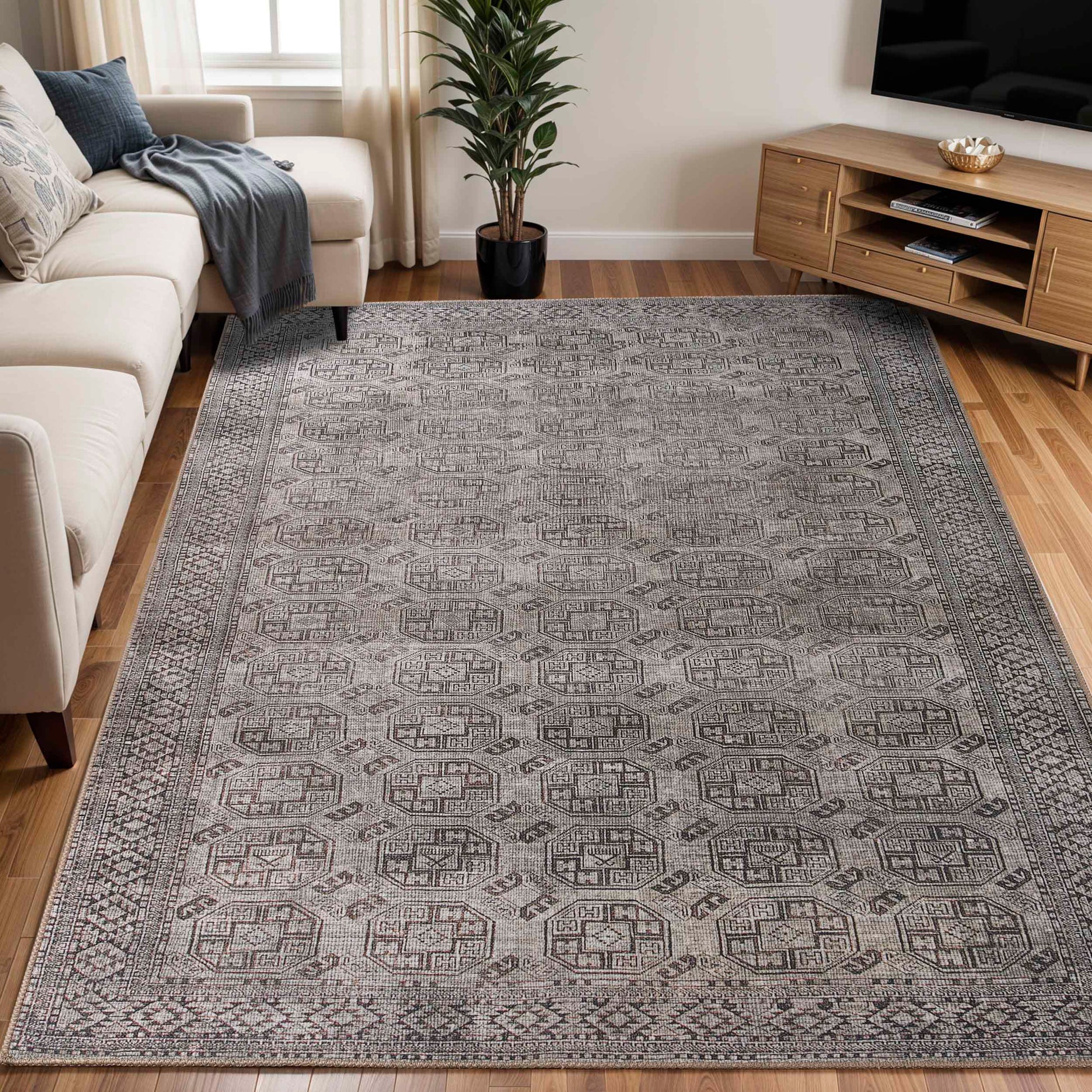 Vintage Oriental Geometric Power-Loomed Indoor Area Rug - Brown