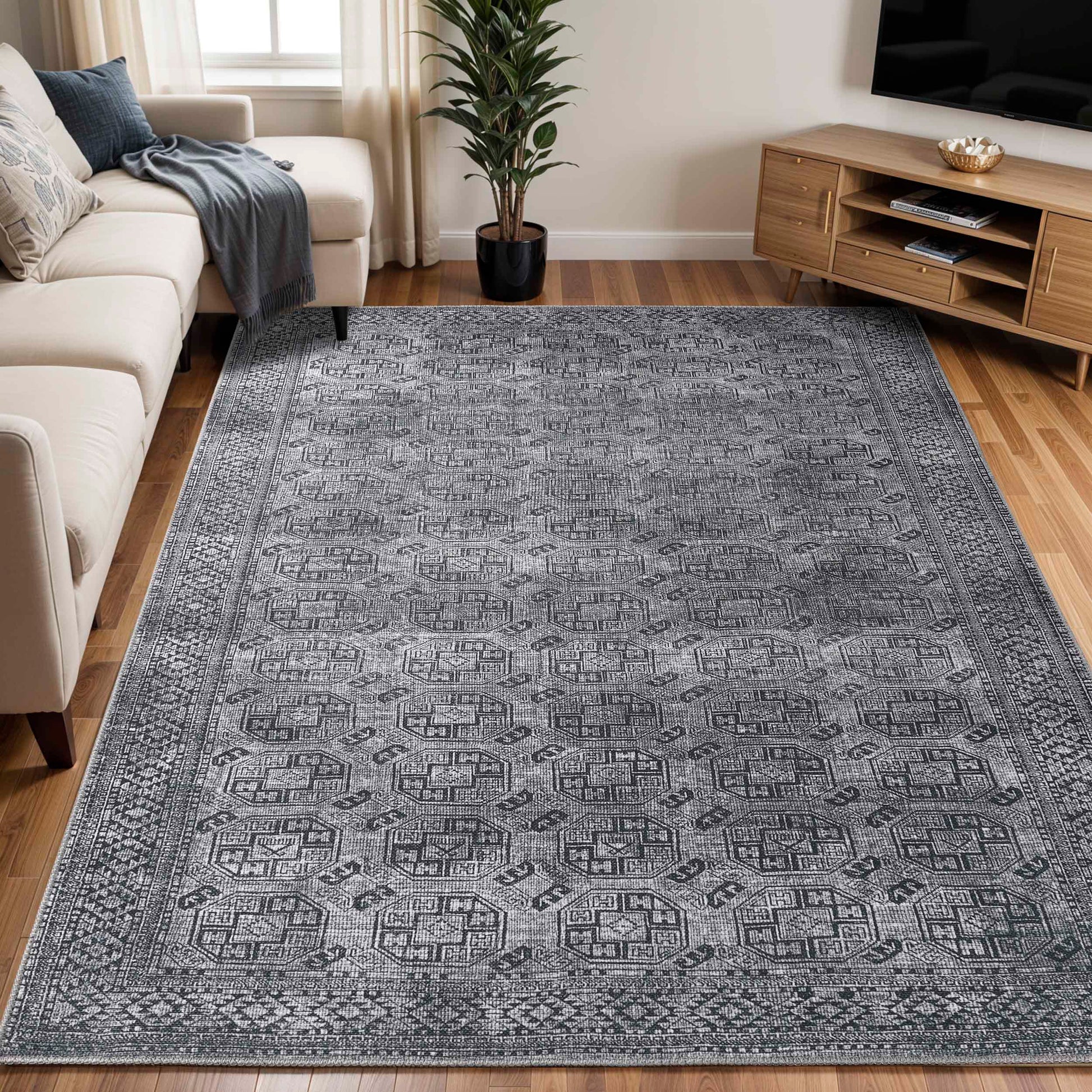 Vintage Oriental Geometric Power-Loomed Indoor Area Rug - Charcoal