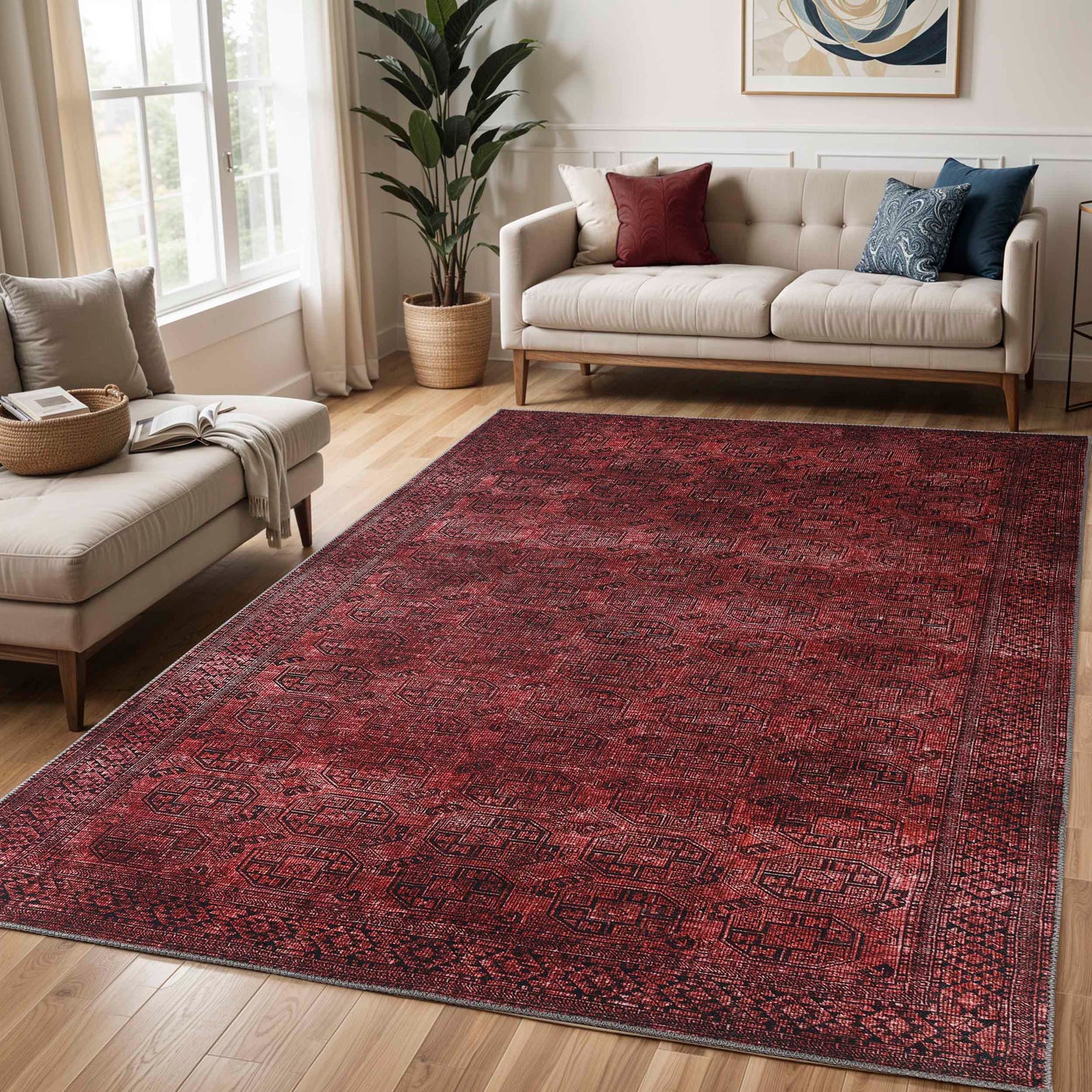 Vintage Oriental Geometric Power-Loomed Indoor Area Rug - BerryRed