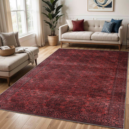 Vintage Oriental Geometric Power-Loomed Indoor Area Rug - BerryRed