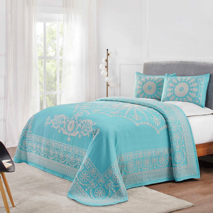 Superior Kymbal Cotton Blend Woven Traditional Medallion Lightweight Jacquard Bedspread and Sham Set  - Aqua