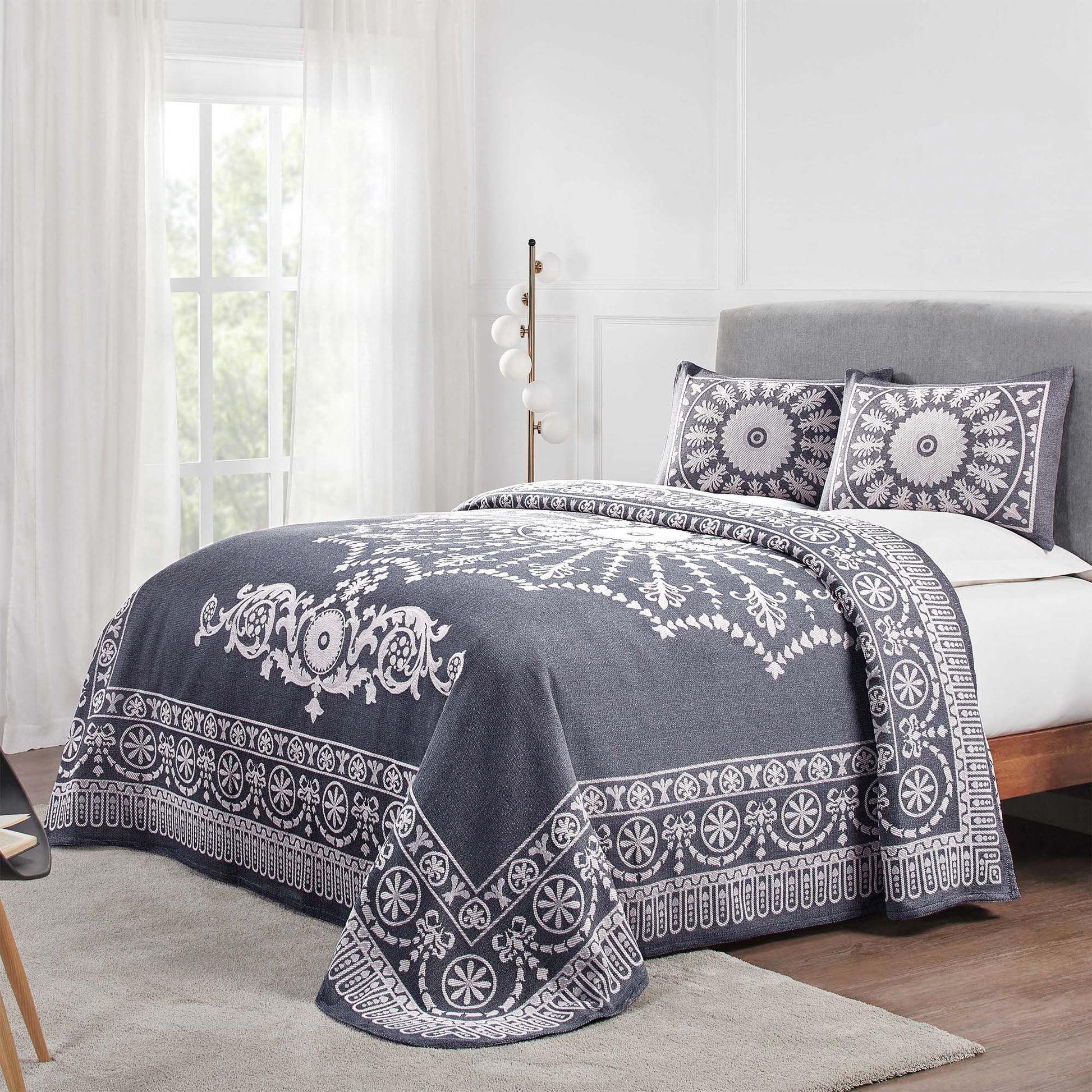 Superior Kymbal Cotton Blend Woven Traditional Medallion Lightweight Jacquard Bedspread and Sham Set - Denim Blue