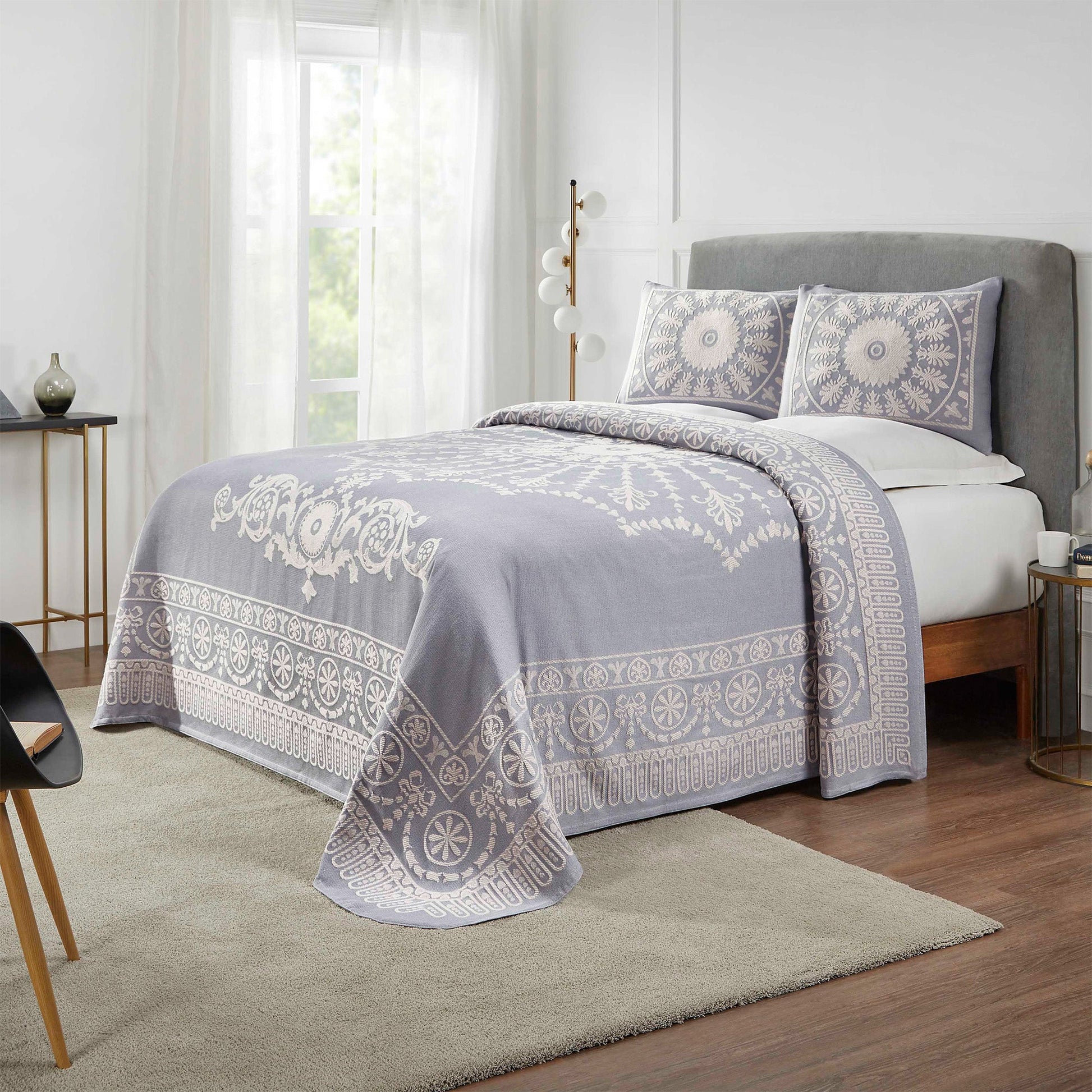 Superior Kymbal Cotton Blend Woven Traditional Medallion Lightweight Jacquard Bedspread and Sham Set  - Slate Blue