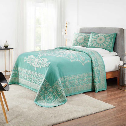 Superior Kymbal Cotton Blend Woven Traditional Medallion Lightweight Jacquard Bedspread and Sham Set  - Turquoise