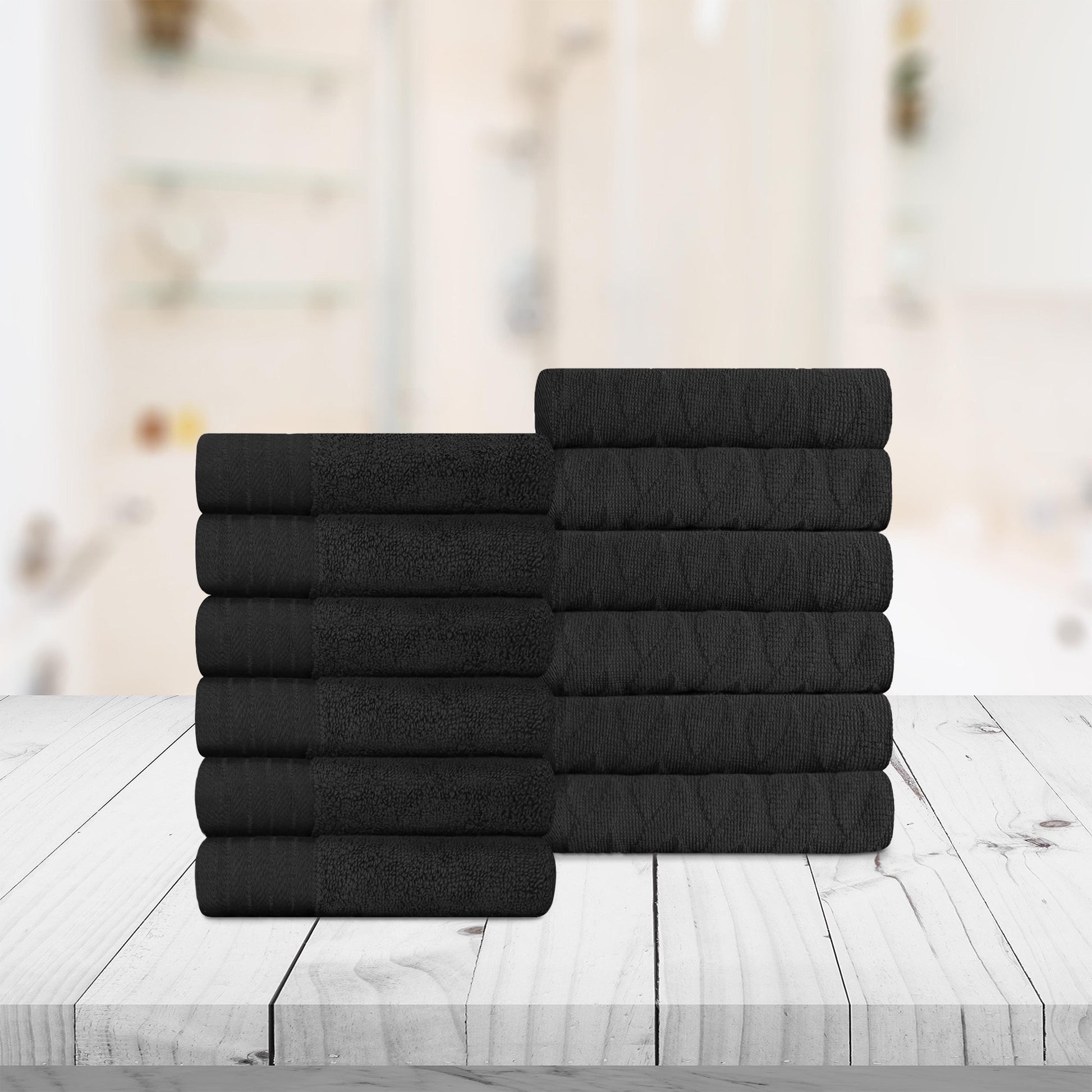 Premium Turkish Cotton Jacquard Herringbone and Solid 12-Piece Face Towel/ Washcloth Set - Black