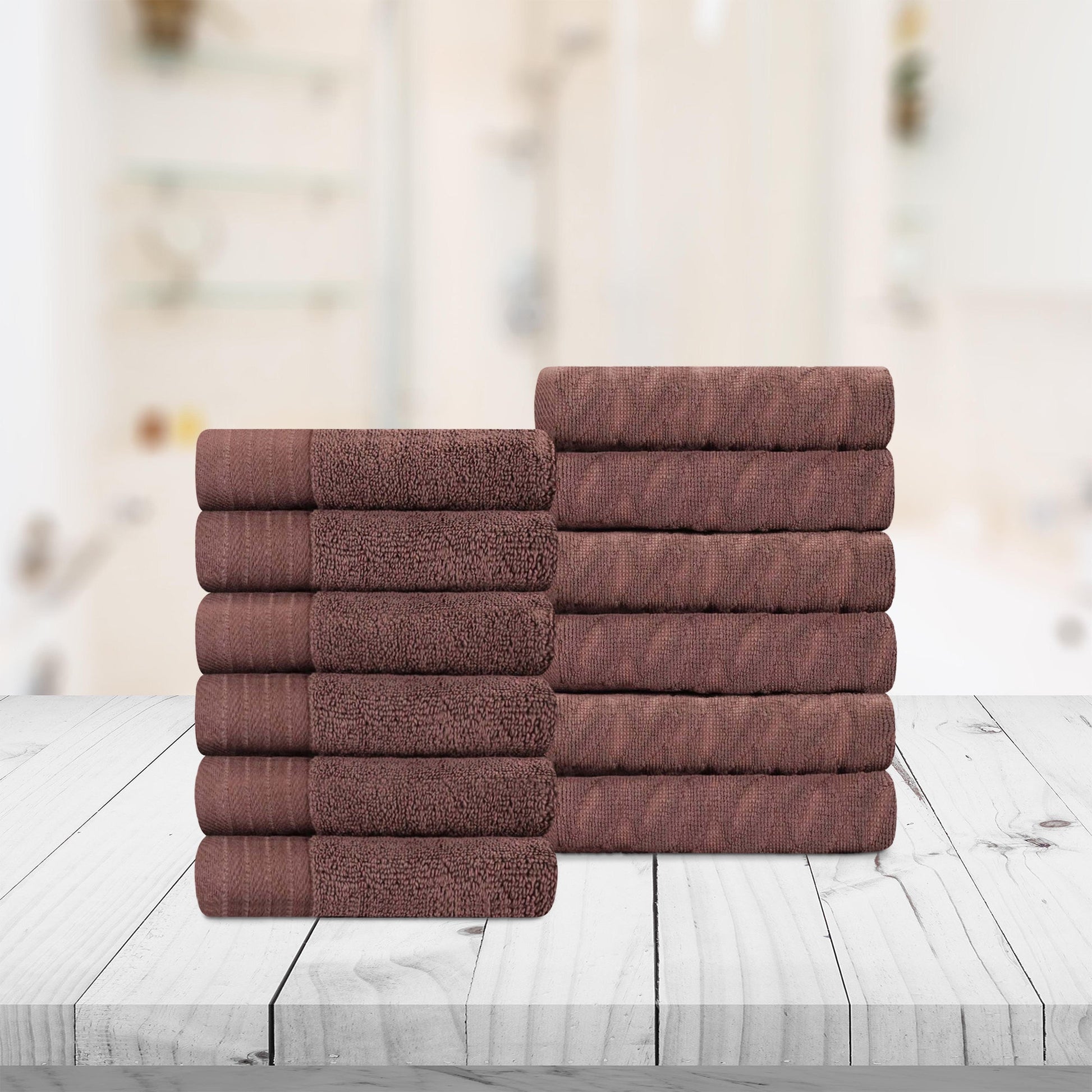 Premium Turkish Cotton Jacquard Herringbone and Solid 12-Piece Face Towel/ Washcloth Set -  Chocolate