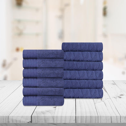 Premium Turkish Cotton Jacquard Herringbone and Solid 12-Piece Face Towel/ Washcloth Set - Navy Blue