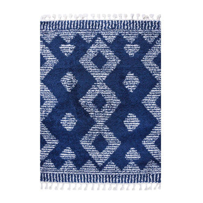 Superior Bohemian Geometric Indoor Plush Shag Area Rug with Tassels - Cream-Blue