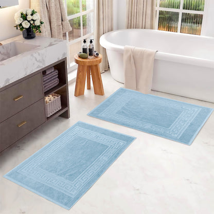 100% Cotton Highly-Absorbent Greek Key Border Solid 2-Piece Bath Mat Set - LightBlue