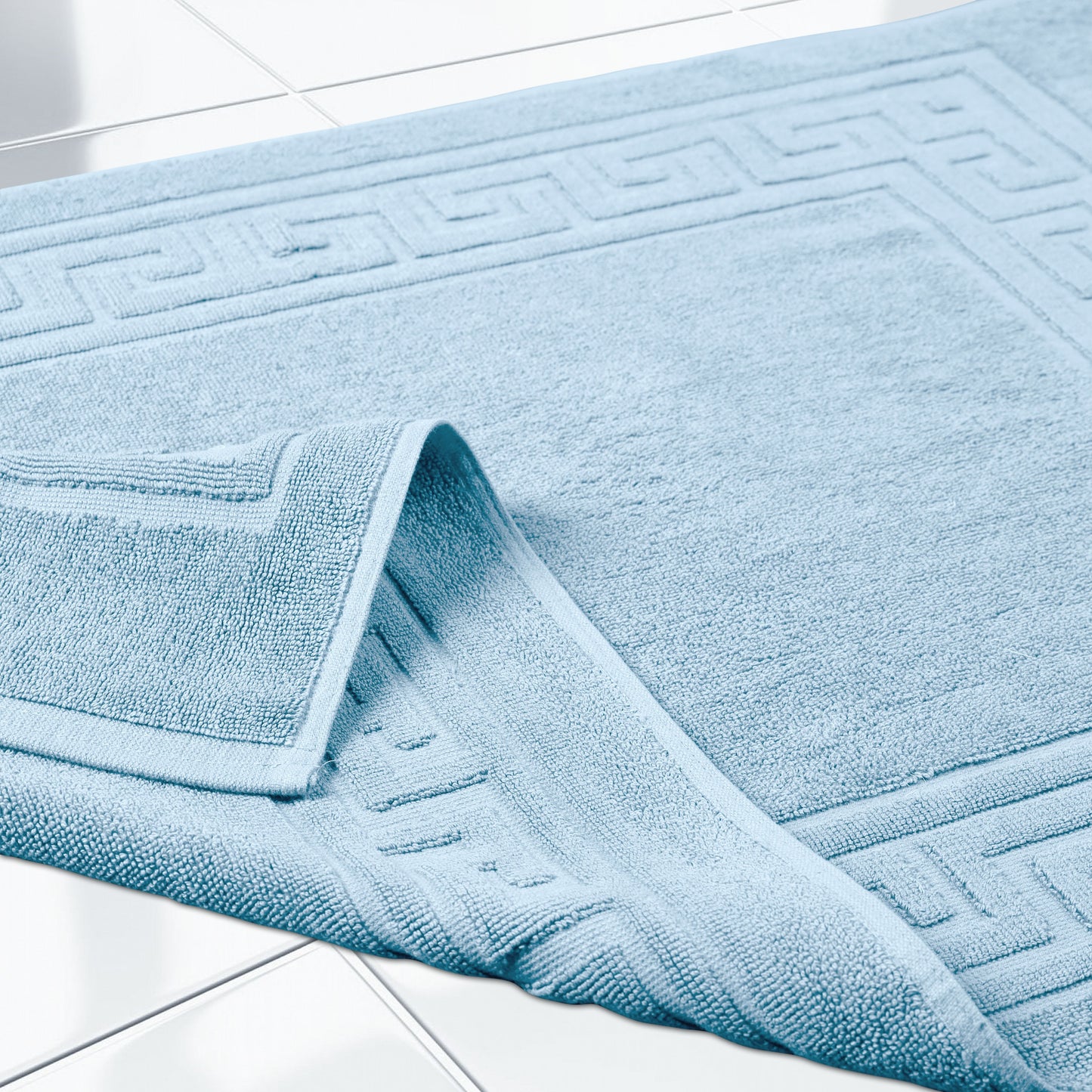 100% Cotton Highly-Absorbent Greek Key Border Solid 2-Piece Bath Mat Set - LightBlue