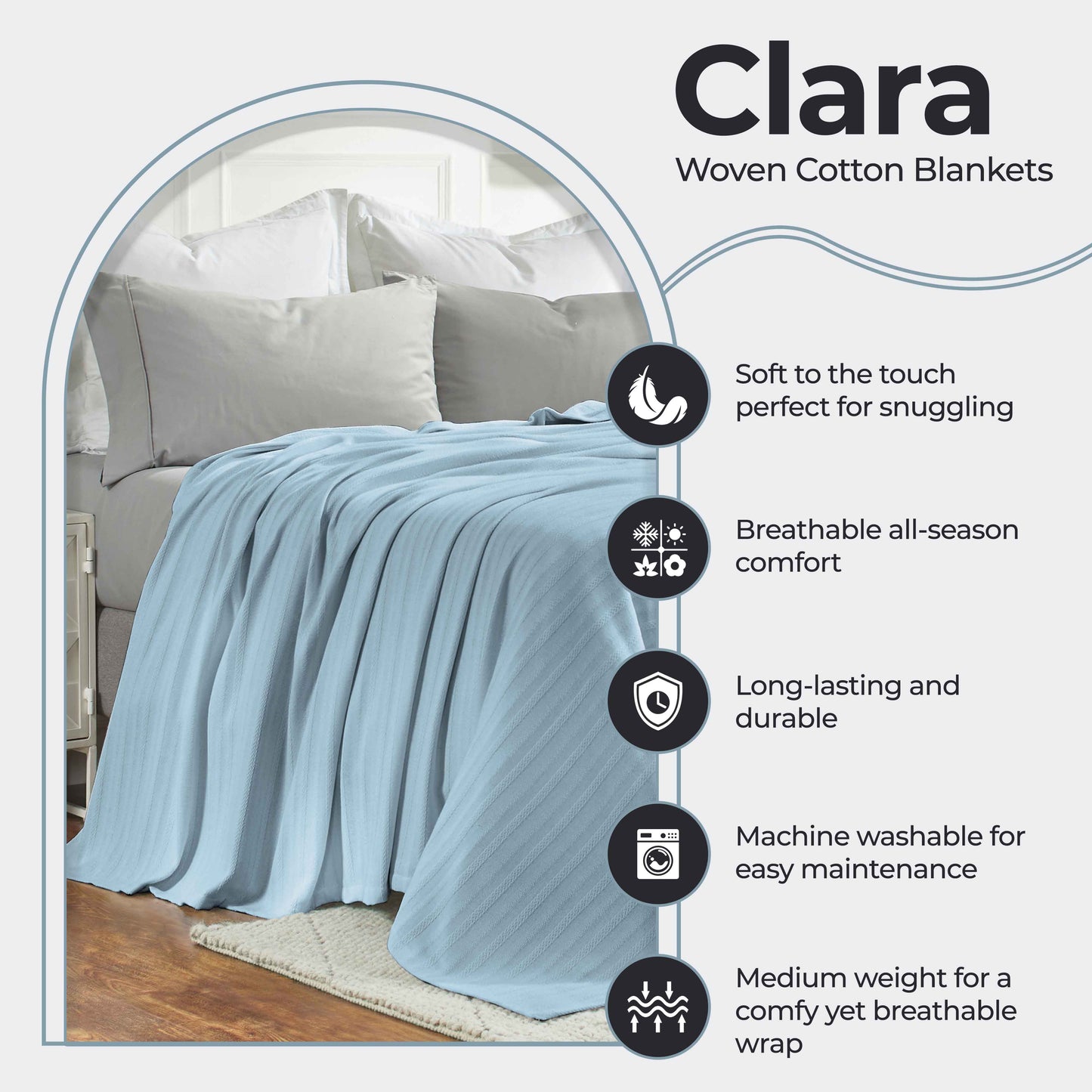 Clara Cotton Textured Jacquard Striped Lightweight Woven Blanket - LightBlue