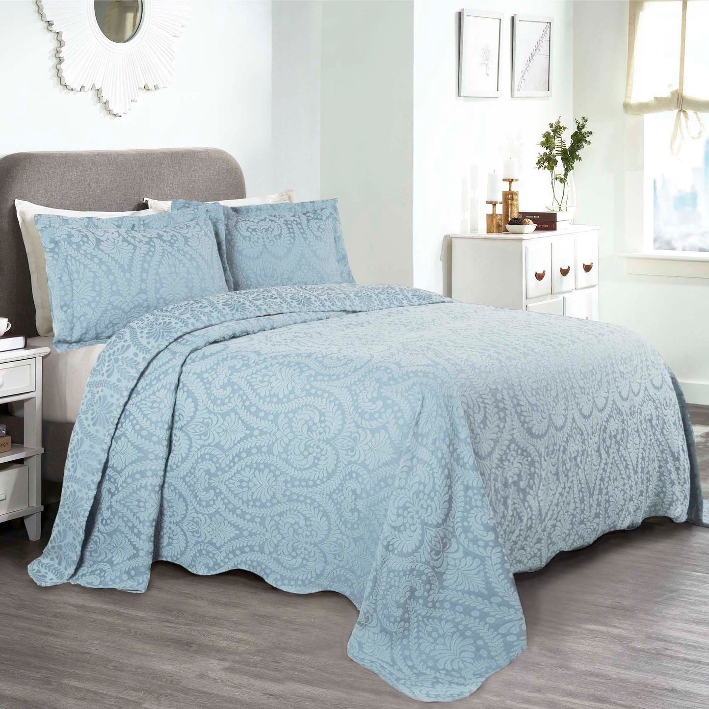 Aspen Cotton Blend Jacquard Floral Scalloped Edge Bedspread Set - LightBlue