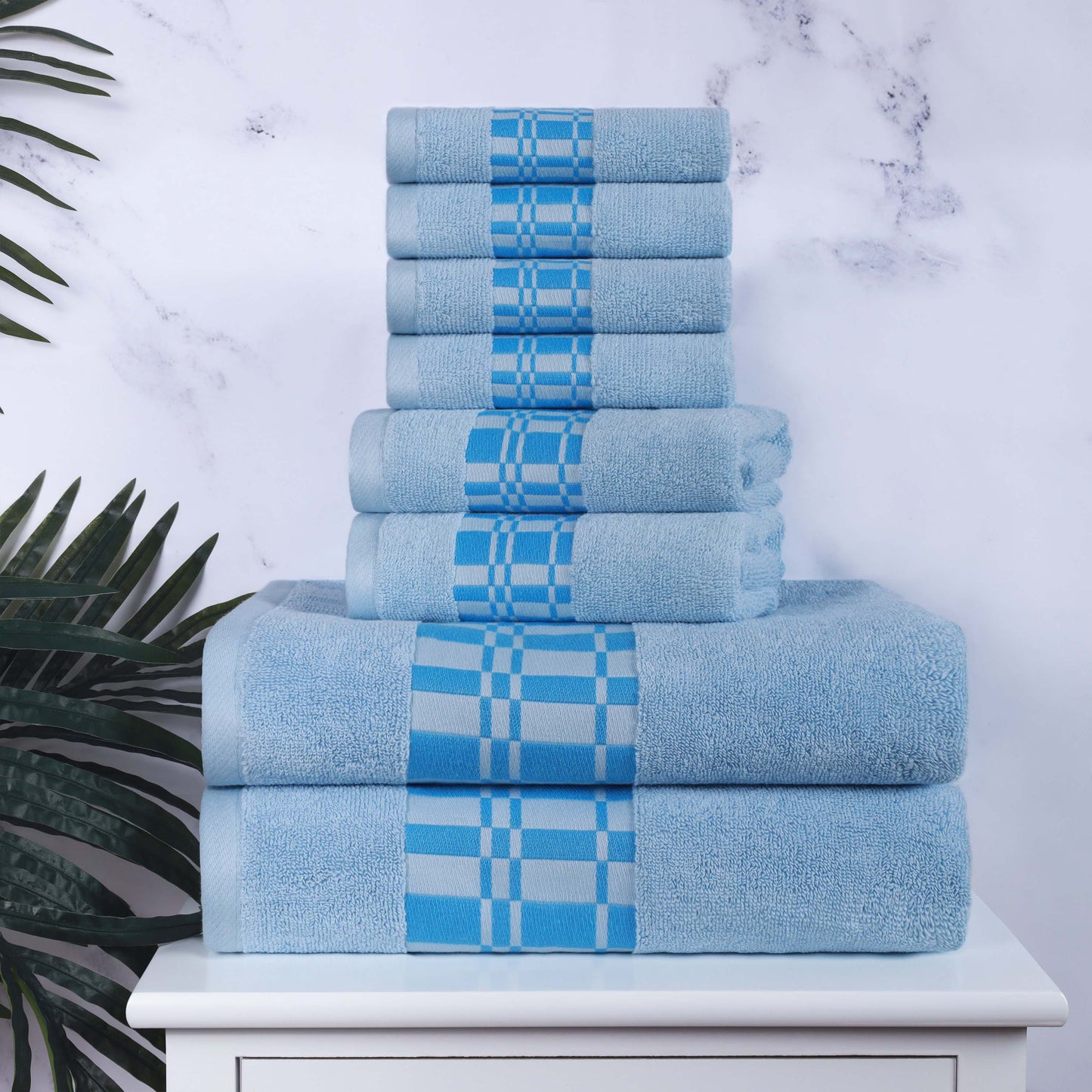 Larissa Cotton Geometric Border 8 Piece Assorted Towel Set - LightBlue