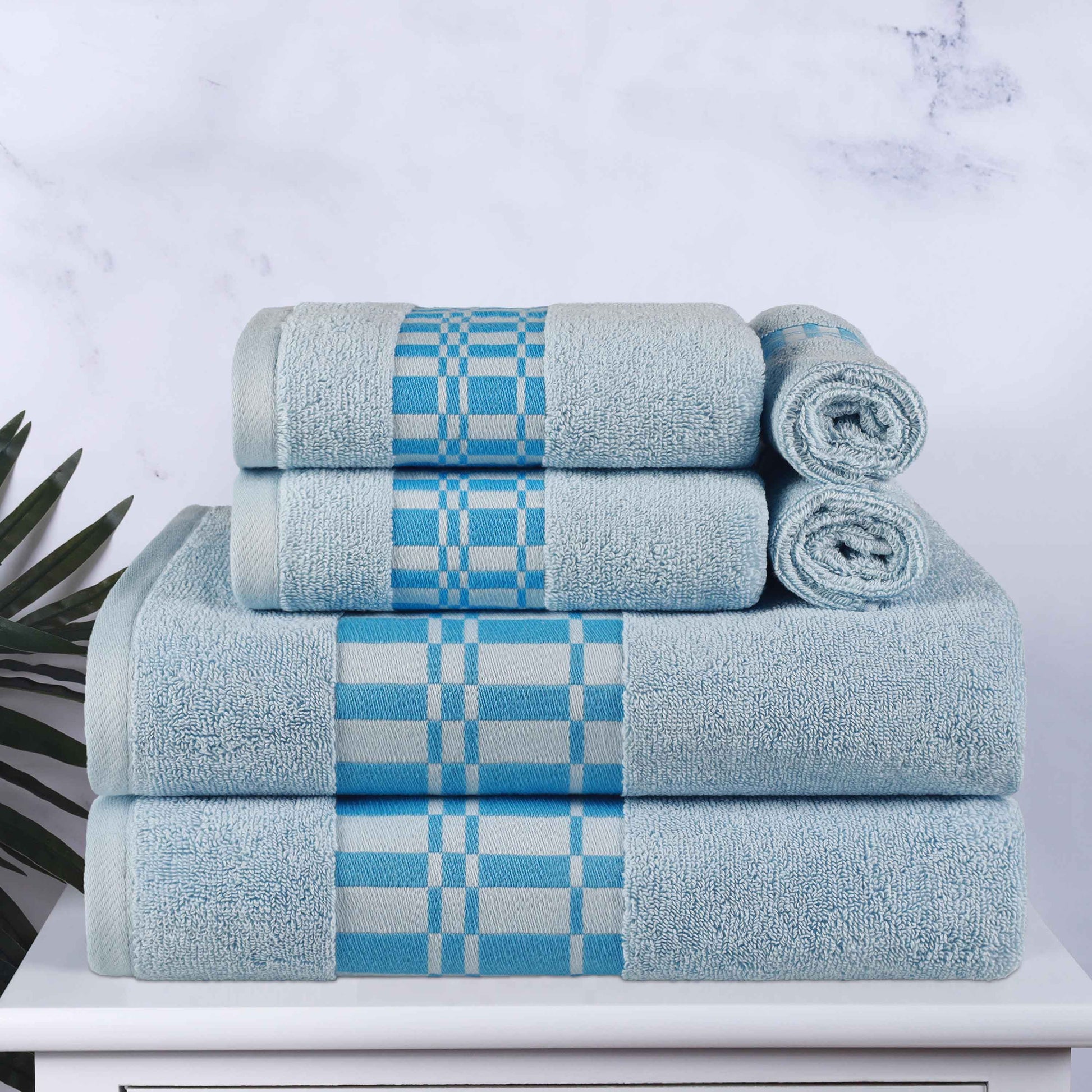 Larissa Cotton Geometric Border 6 Piece Assorted Towel Set - LightBlue