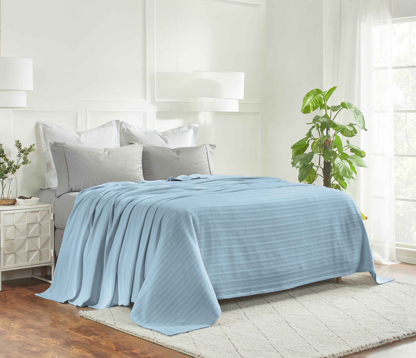 Clara Cotton Textured Jacquard Striped Lightweight Woven Blanket - LightBlue