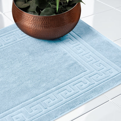 100% Cotton Highly-Absorbent Greek Key Border Solid 2-Piece Bath Mat Set - LightBlue