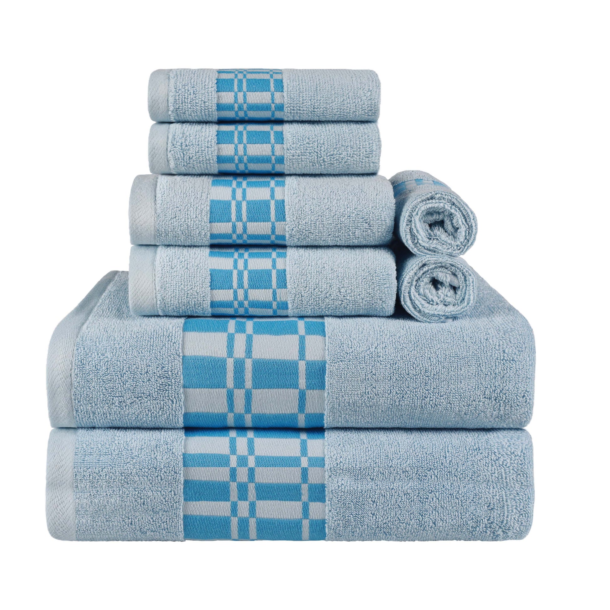 Larissa Cotton Geometric Border 8 Piece Assorted Towel Set - LightBlue