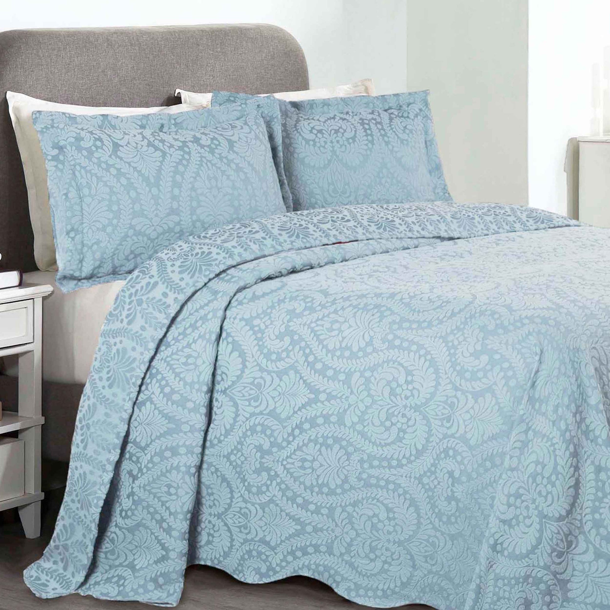 Aspen Cotton Blend Jacquard Floral Scalloped Edge Bedspread Set - LightBlue