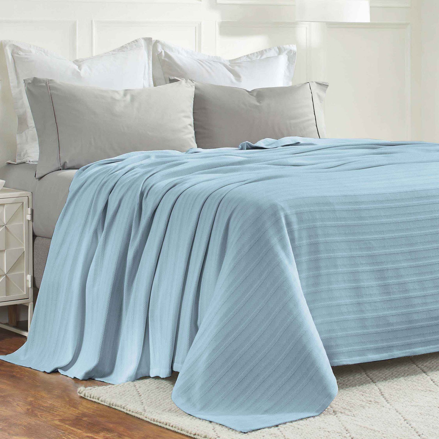 Clara Cotton Textured Jacquard Striped Lightweight Woven Blanket - LightBlue