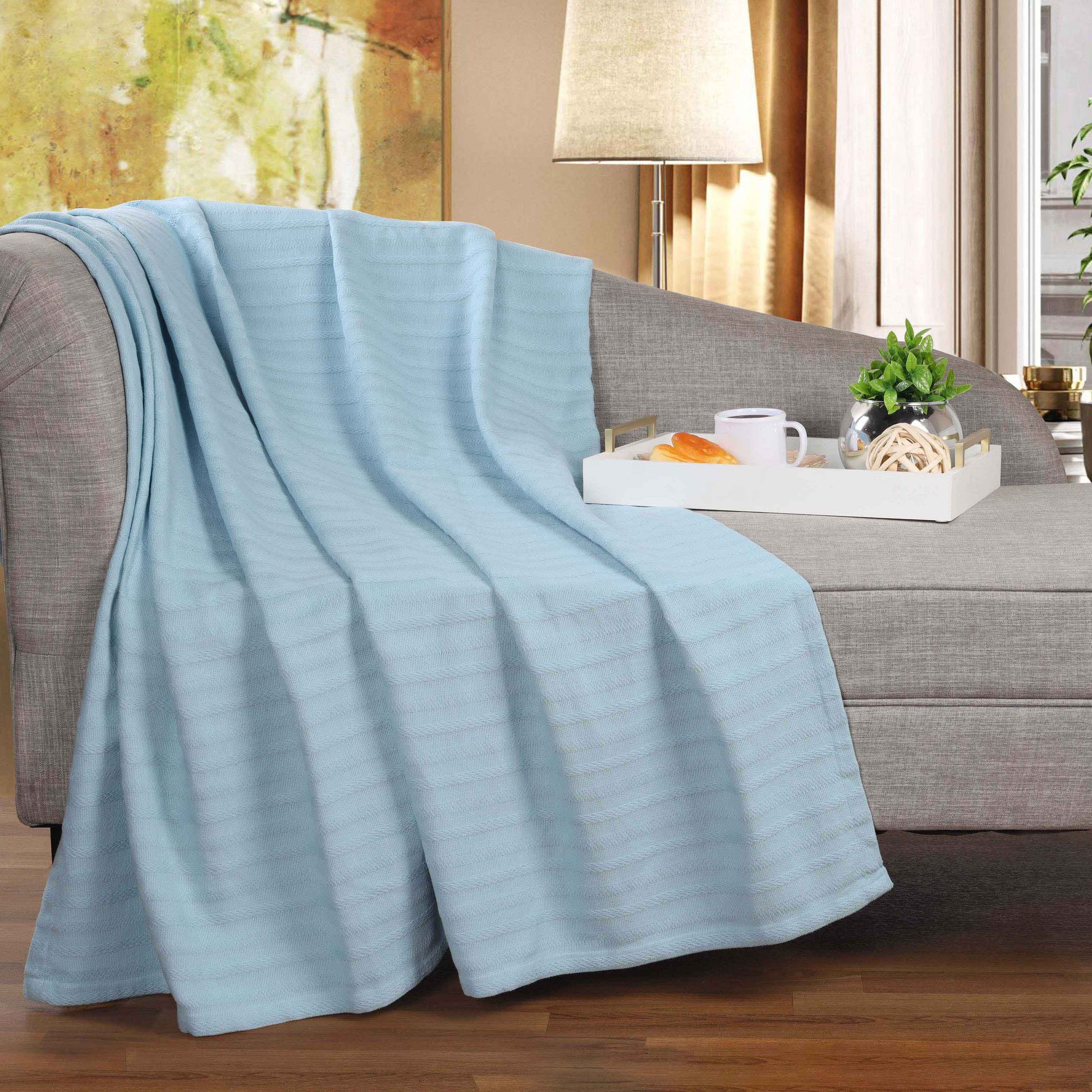 Clara Cotton Textured Jacquard Striped Lightweight Woven Blanket - LightBlue