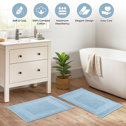 100% Cotton Highly-Absorbent Greek Key Border Solid 2-Piece Bath Mat Set - LightBlue