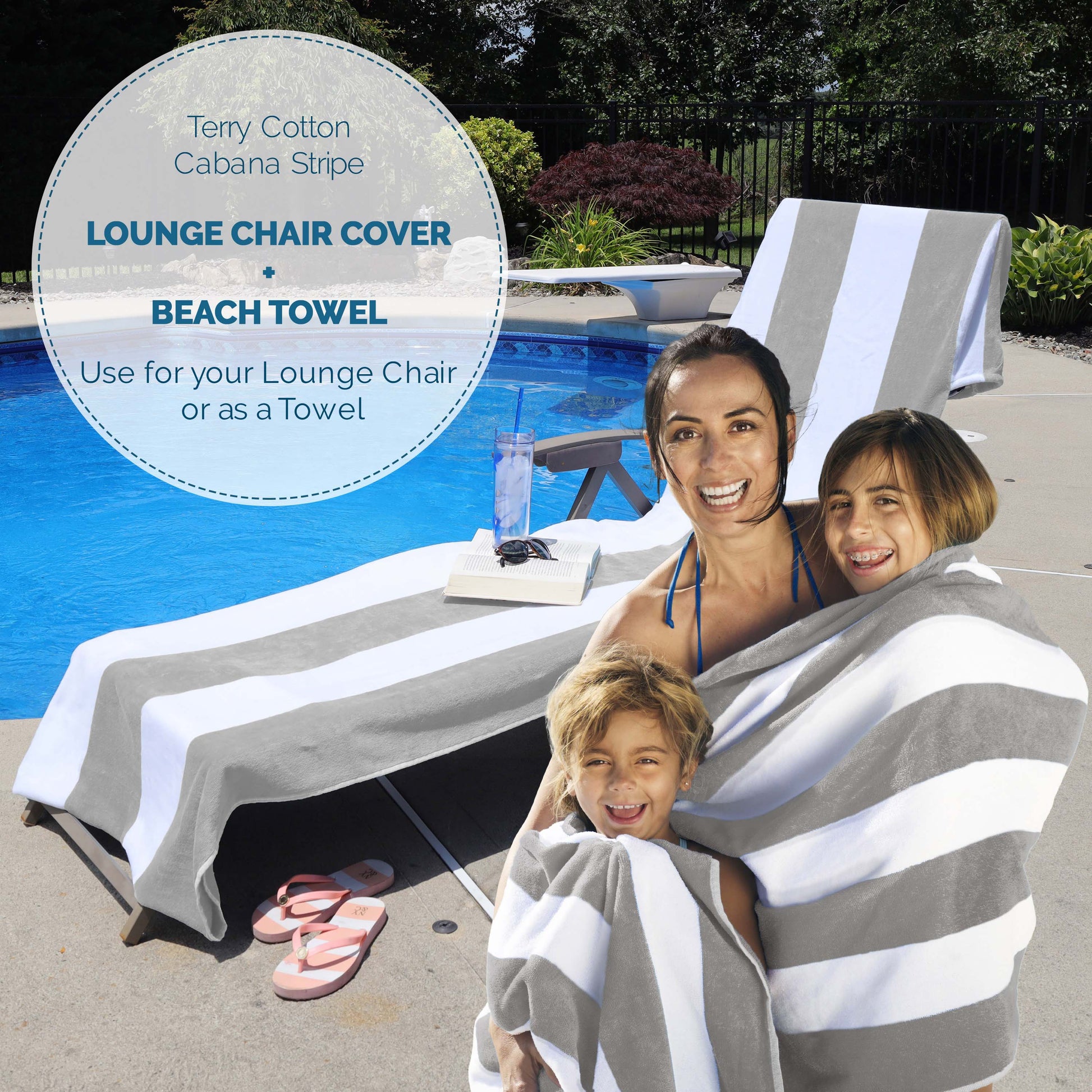 Cabana Striped Cotton Standard Size Chaise Lounge Chair Cover Set of 2 - LightGray