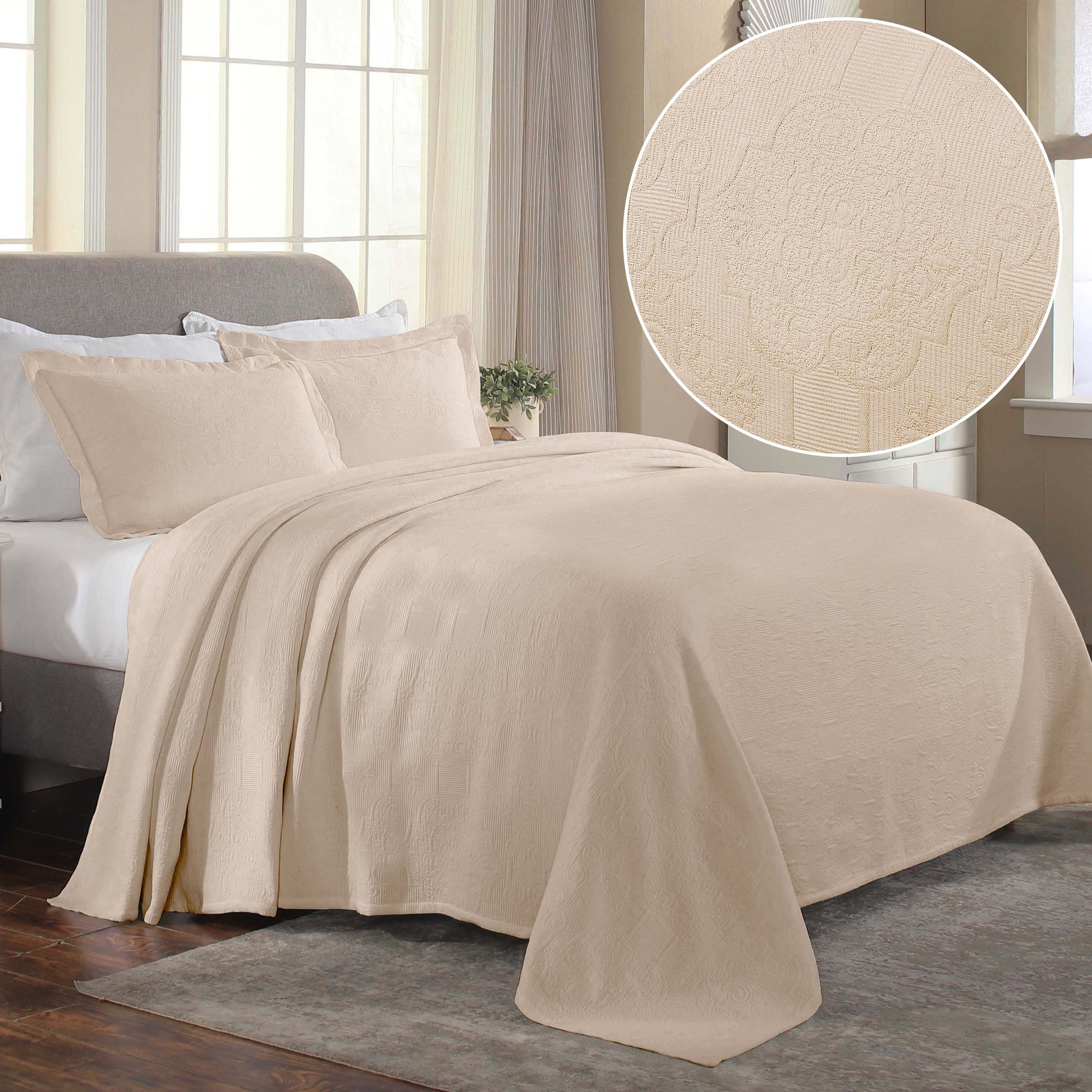 Florin Cotton Matelasse Weave Jacquard Scroll Medallion Bedspread Set - Linen