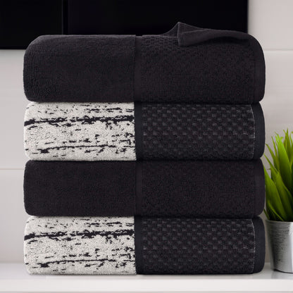 Lodie Cotton Jacquard Solid and Two-Toned Bath Towel Set of 4 - Black-Ivory