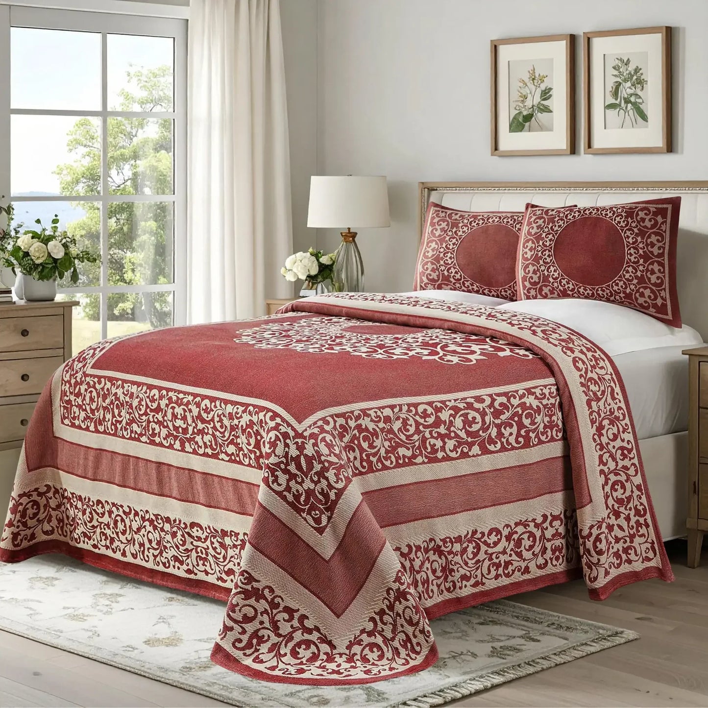 Lyron Cotton Blend Woven Jacquard Floral Scroll Bedspread Set